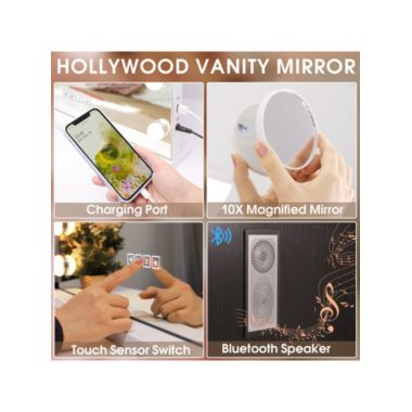 Fenchilin Large Vanity Mirror W/ Lights and Bluetooth Speaker Hollywood Lighted Makeup Mirror with 15 Dimmable LED Bulbs for Dressing Room and Bedroom, Tabletop or Wall-Mounted, Slim Metal Frame White. View a larger version of this product image.