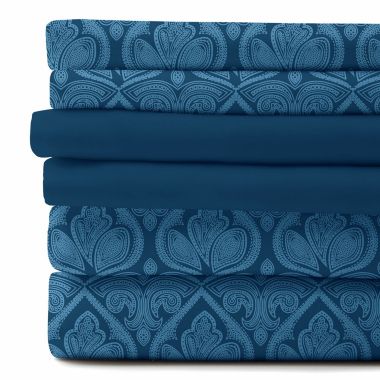 Lux Decor Collection 4-Pieces Deep Pocket Microfiber Printed Bed Sheet Set in Twin Size Navy Blue. View a larger version of this product image.