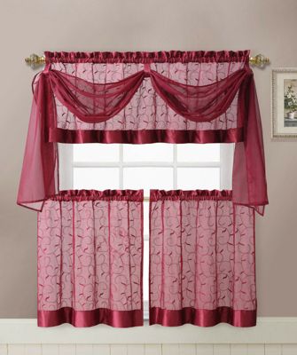 Kate Aurora Living Complete 4 Piece Linen Leaf Embroidered Complete Kitchen Curtain Set - 58 in. W x 36 in. L, Burgundy
