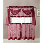 Kate Aurora Living Complete 4 Piece Linen Leaf Embroidered Complete Kitchen Curtain Set - 58 in. W x 36 in. L, Burgundy