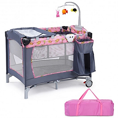 Costway Foldable 2 Color Baby Crib Playpen Playard-Pink. View a larger version of this product image.