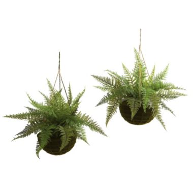 Nearly Natural Set of 2 Artificial Outdoor Leather Fern Plant with Mossy Hanging Basket 18". View a larger version of this product image.