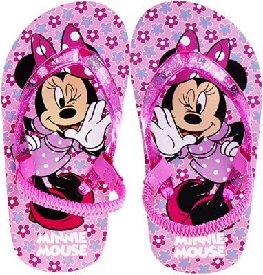 Disney Minnie Mouse Pink Girls Beach Sandals Flip Flops Sparkle Bow Heel Strap 