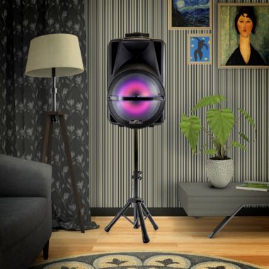 beFree Sound 12 Inch Bluetooth Rechargeable Portable PA Party Speaker with Reactive LED Lights and Stand. View a larger version of this product image.
