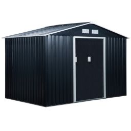 Outsunny 9' x 6' Outdoor Backyard Garden Tool Shed with Double Sliding Doors, 4 Airy Vents, & Durable Steel, Dark Grey