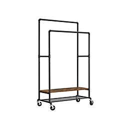 VASAGLE Rolling Clothes Rack, Double Rail Garment Rack on Wheels, Heavy-Duty Clothing Rack with Shelves, Industrial Pipe Design, Rustic Brown and Black