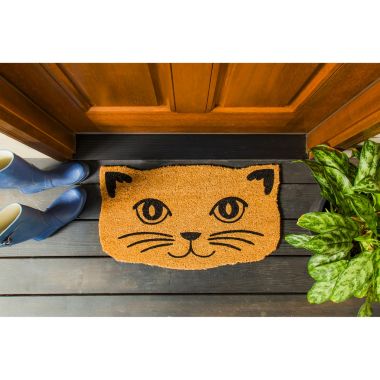 Evergreen Cat Face Shaped Indoor Outdoor Natural Coir Doormat 1'4"x2'4" Brown. View a larger version of this product image.