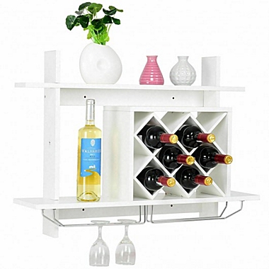 Costway Household Wall Mount Wine Rack Organizer with Glass Holder Storage Shelf. View a larger version of this product image.