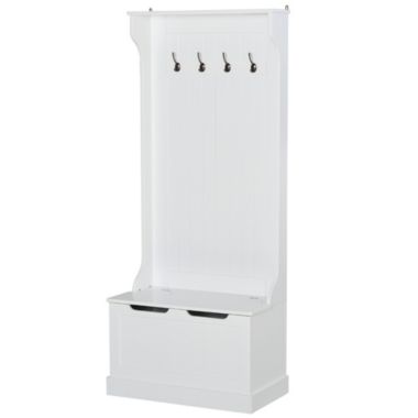 HOMCOM 3-In-1 Entryway Hall Tree with Storage Bench, Coat Rack with Four Hooks and Shoe Storage, White. View a larger version of this product image.