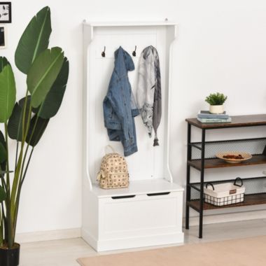 HOMCOM 3-In-1 Entryway Hall Tree with Storage Bench, Coat Rack with Four Hooks and Shoe Storage, White. View a larger version of this product image.