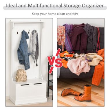 HOMCOM 3-In-1 Entryway Hall Tree with Storage Bench, Coat Rack with Four Hooks and Shoe Storage, White. View a larger version of this product image.
