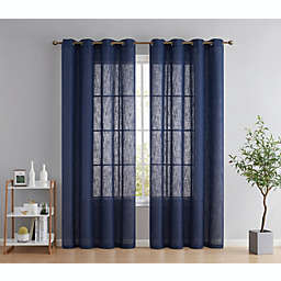 THD Serena Faux Linen Textured Semi Sheer Privacy Sun Light Filtering Transparent Window Grommet Long Thick Curtains Drapery Panels for Bedroom & Living Room, 2 Panels (54 W x 54 L, Navy Blue)