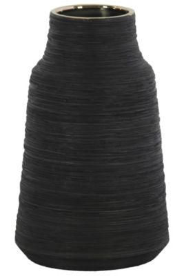 Urban Trends Collection Ceramic Round Vase with Broad Lips, Short Neck and Combed Design Body LG Coated Finish Black