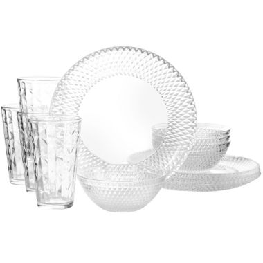 Gibson Home Clearview Diamond 12 Piece Embossed Glass Dinnerware Set. View a larger version of this product image.