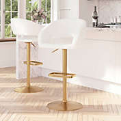 Merrick Lane Rothko Contemporary White Vinyl Adjustable Height Barstool with Rounded Mid-Back and Gold Base