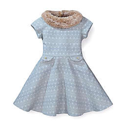Hope & Henry Girls' Fit and Flare Ponte Dress with Faux Fur (Dusty Blue Fairisle, 12-18 Months)