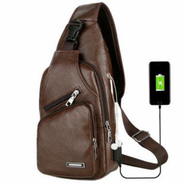 Stock Preferred Leather Sling Chest Bag with USB Charge Cable Dark Brown. View a larger version of this product image.