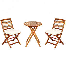 Costway 3 Pieces Patio Folding Wooden Bistro Set Cushioned Chair-White