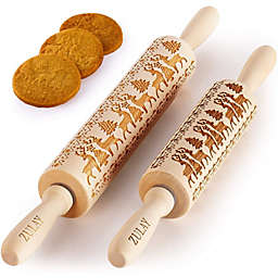 Zulay Kitchen Wooden Carved Christmas Rolling Pin - Set of 2