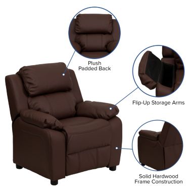 Flash Furniture Charlie Deluxe Padded Contemporary Brown LeatherSoft Kids Recliner with Storage Arms. View a larger version of this product image.