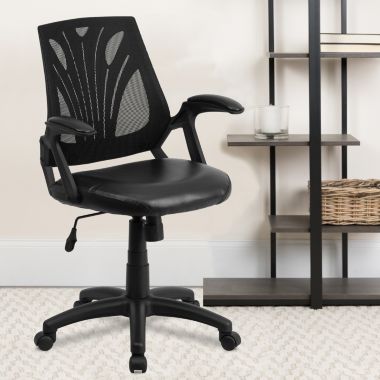 Flash Furniture Sam Mid-Back Designer Black Mesh Swivel Task Office Chair with LeatherSoft Seat and Open Arms. View a larger version of this product image.