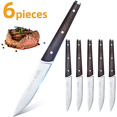 Rainbean  Cookit 6Pcs Steak Knife Set Serrated Stainless Steel Utility with Wooden Handle. View a larger version of this product image.