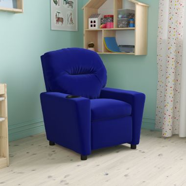 Flash Furniture Chandler Contemporary Blue Microfiber Kids Recliner with Cup Holder. View a larger version of this product image.