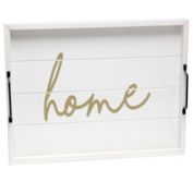 Elegant Designs "Home" Decorative Wood Serving Tray with Black Metal Handles, 15.5"L x 12"W - White Wash