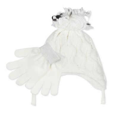 Fab Big Girl's 2 Pc Popcorn-Knit Heidi Hat & Gloves Set White One Size. View a larger version of this product image.