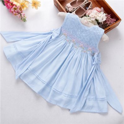 Laurenza&#39;s Blue Hand-Smocked Dress with Embroidery
