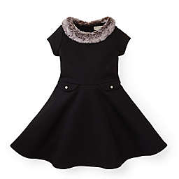 Hope & Henry Girls' Fit and Flare Ponte Dress with Faux Fur (Black, 3-6 Months)