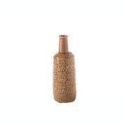 Urban Trends Collection Ceramic Round Bottle Vase with Long Neck and Layered Tribal Pattern Design Body MD Gloss Finish Brown