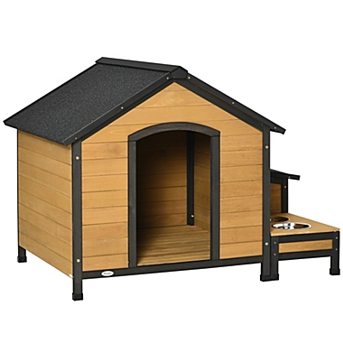 PawHut Wooden Outdoor Dog House, Cabin-Style Pet House with Feeding Bowls, Asphalt Roof, Storage Box for Dogs Up To 66 Lbs., Natural. View a larger version of this product image.