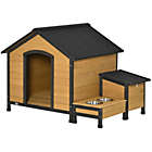 Alternate image 1 for PawHut Wooden Outdoor Dog House, Cabin-Style Pet House with Feeding Bowls, Asphalt Roof, Storage Box for Dogs Up To 66 Lbs., Natural