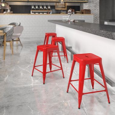 Flash Furniture Kai Commercial Grade 24" High Backless Red Metal Indoor-Outdoor Counter Height Stool with Square Seat. View a larger version of this product image.