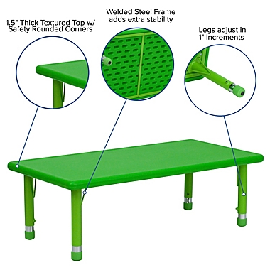 Flash Furniture 24&#39;&#39;W x 48&#39;&#39;L Rectangular Green Plastic Height Adjustable Activity Table. View a larger version of this product image.
