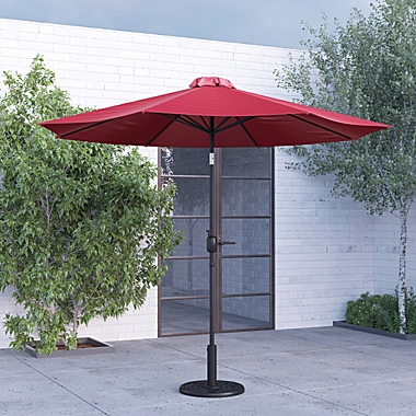 Merrick Lane Bali Patio Umbrella with Base - 9&#39; Red Polyester Patio Umbrella - 30+ UV Protection - Waterproof Black Cement Base with 1.5" Diameter Aluminum Pole. View a larger version of this product image.