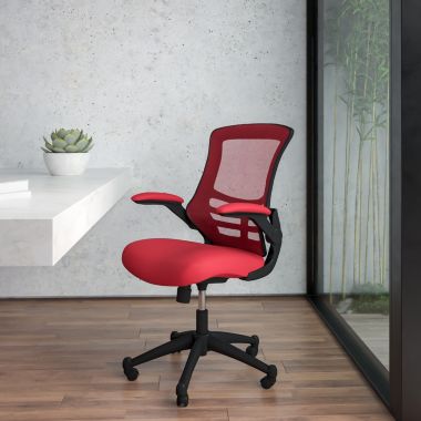 Flash Furniture Kelista Mid-Back Red Mesh Swivel Ergonomic Task Office Chair with Flip-Up Arms. View a larger version of this product image.