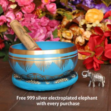 Cottage Handicraft, Throat Chakra - Blue coloured Tibetan Singing Bowl with free Elephant Gift. View a larger version of this product image.