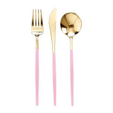 Smarty Had A Party Gold with Pink Handle Moderno Disposable Plastic Cutlery Set - Spoons, Forks and Knives (240 Guests). View a larger version of this product image.
