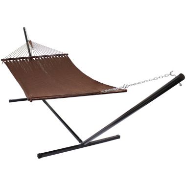 Sunnydaze Outdoor 2-Person Double Polyester Rope Hammock with Wood Spreader Bar and 15ft Black Steel Stand - Mocha. View a larger version of this product image.