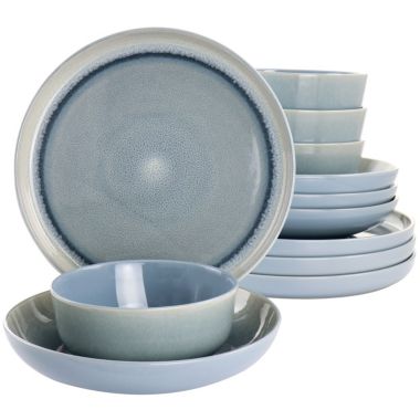 Gibson Elite Juno Moon 12 Piece Stoneware Dinnerware Set in Light Blue. View a larger version of this product image.