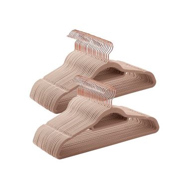 SONGMICS Velvet Hangers, Set of 50 Clothes Hanger with Rose Gold Swivel Hook, Non-Slip, and Space-Saving, 0.2-Inch Thick, 17.1-Inch Long for Coat, Shirt, Dress, Pants, Tie, Pale Brown. View a larger version of this product image.