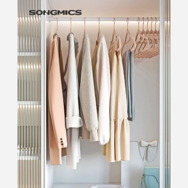 SONGMICS Velvet Hangers, Set of 50 Clothes Hanger with Rose Gold Swivel Hook, Non-Slip, and Space-Saving, 0.2-Inch Thick, 17.1-Inch Long for Coat, Shirt, Dress, Pants, Tie, Pale Brown. View a larger version of this product image.