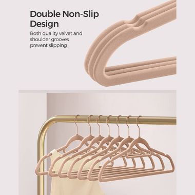 SONGMICS Velvet Hangers, Set of 50 Clothes Hanger with Rose Gold Swivel Hook, Non-Slip, and Space-Saving, 0.2-Inch Thick, 17.1-Inch Long for Coat, Shirt, Dress, Pants, Tie, Pale Brown. View a larger version of this product image.