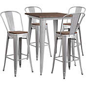Flash Furniture Bailey 31.5" Square Silver Metal Bar Table Set with Wood Top and 4 Stools