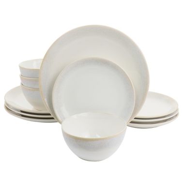 Martha Steware 12 Piece Round Stoneware Dinnerware Set with Taupe Rim. View a larger version of this product image.