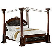 Saltoro Sherpi Queen Canopy Bed with Leatherette Headboard and Footboard, Black and Brown-