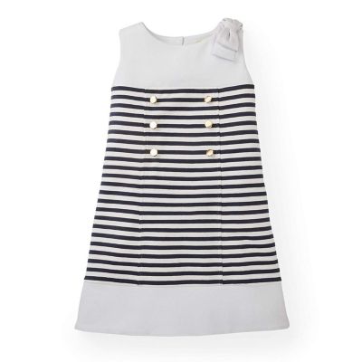 Hope & Henry Girls&#39; A-Line Ponte Dress With Button Placket (Navy and White Striped, 12-18 Months)