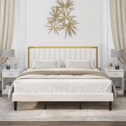 Homfa Queen Size Adjustable Headboard with Gold Striped Platform Bed Frame White